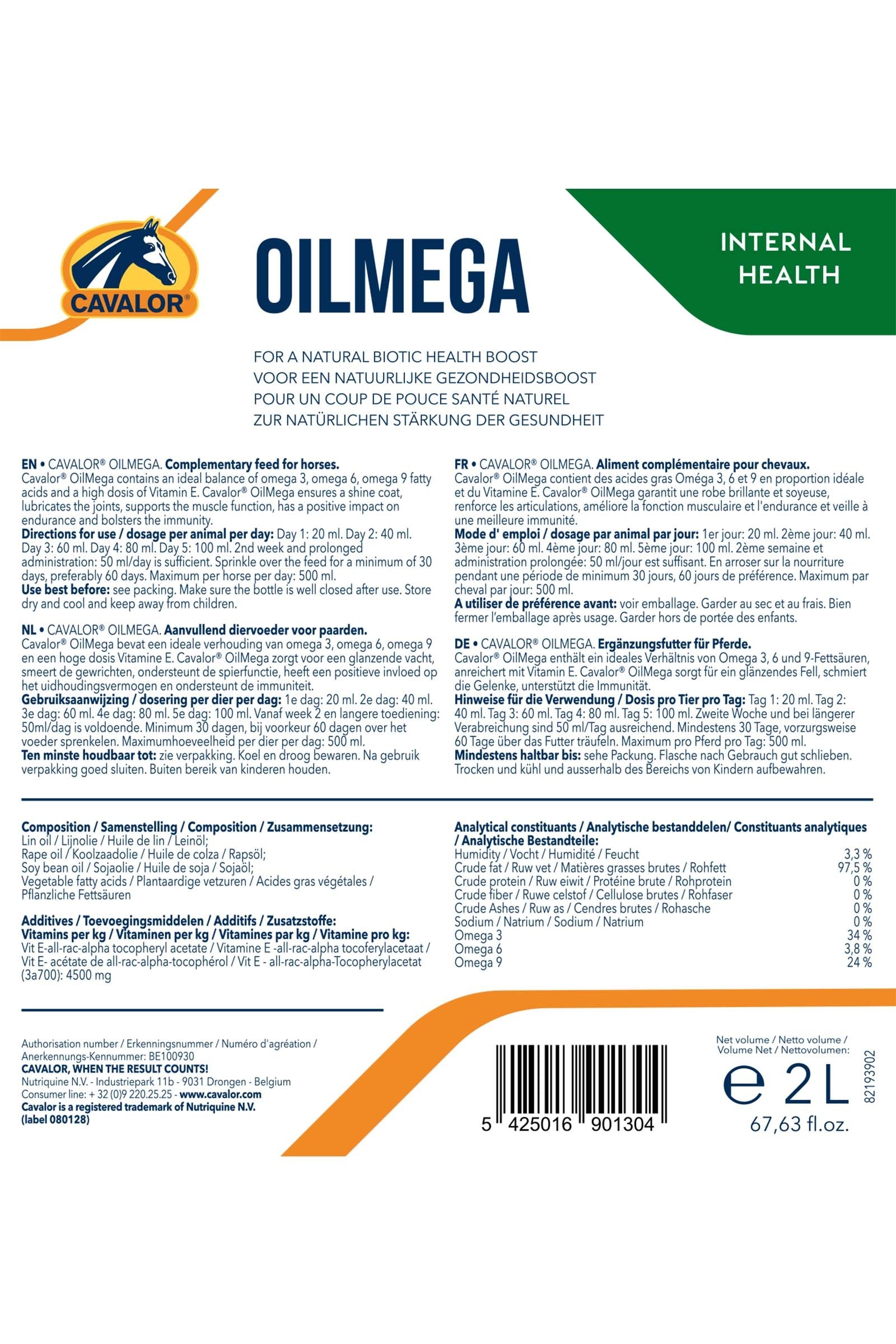 Cavalor Oilmega, Gut Flora & Immune System 2 L Horse Feed & Nutrition