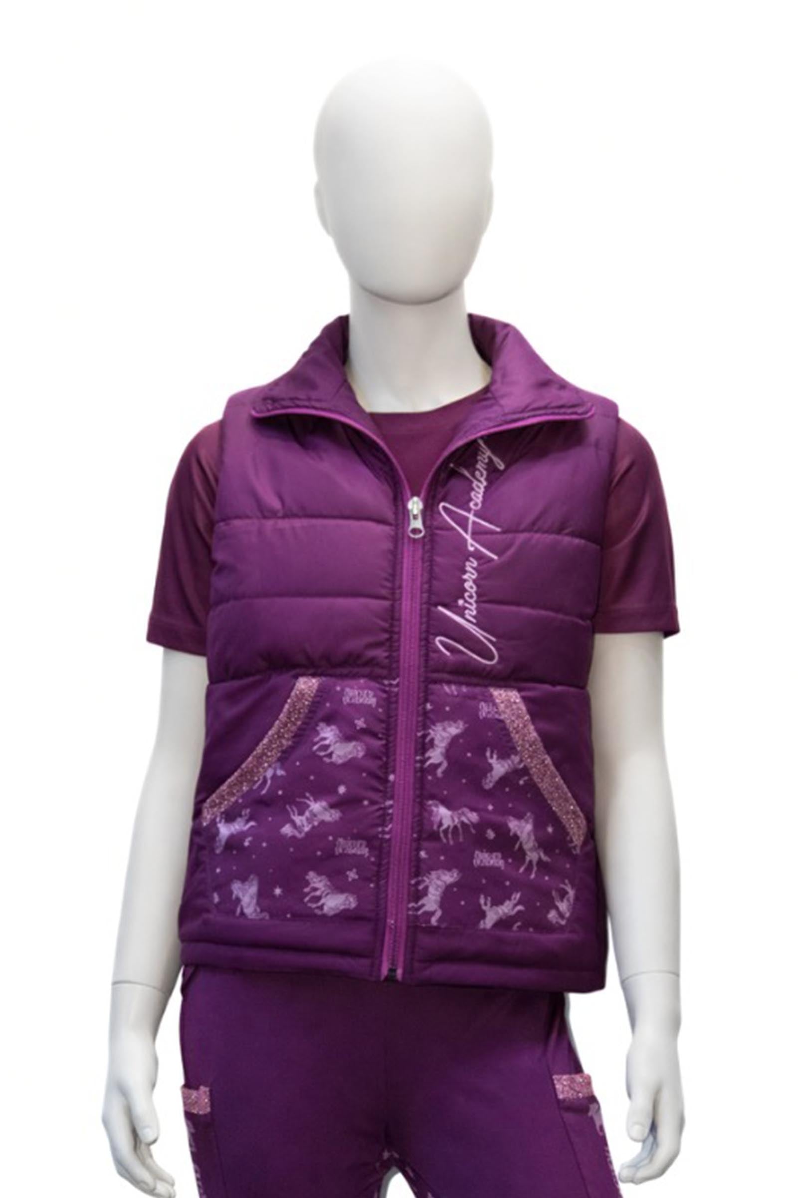 Kavalkade Unicorn Academy dětská lehce zateplená vesta s třpytkami Kids Apparel